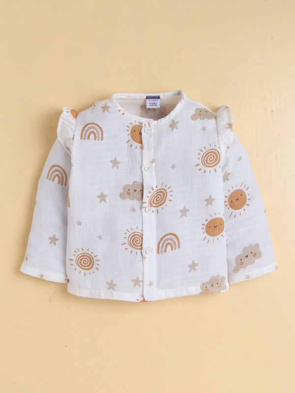 MulMul Sparsh Full Sleeve Boho Sunshine & Rainbow Print Muslin Jabla & Frill Pant Set – White
