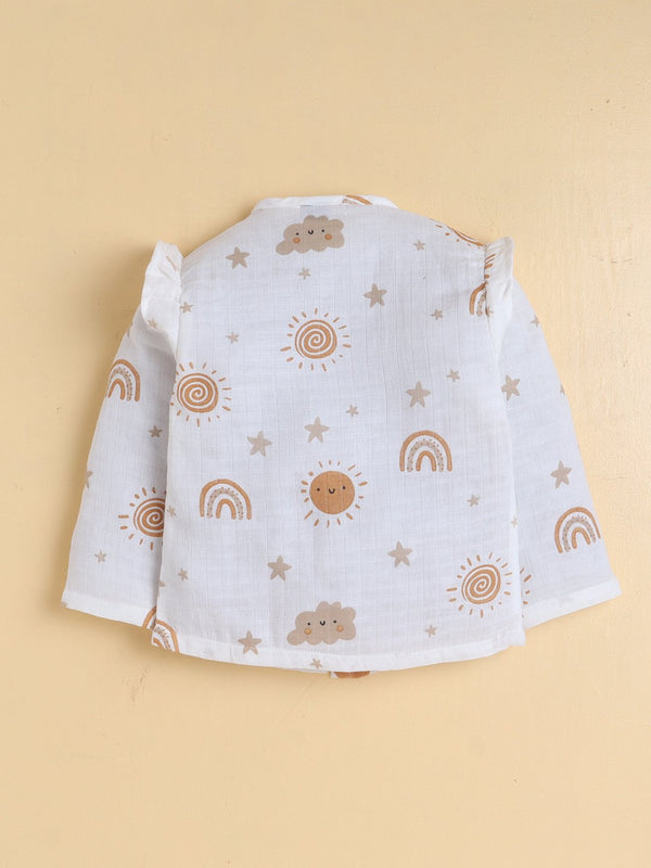MulMul Sparsh Full Sleeve Boho Sunshine & Rainbow Print Muslin Jabla & Frill Pant Set – White