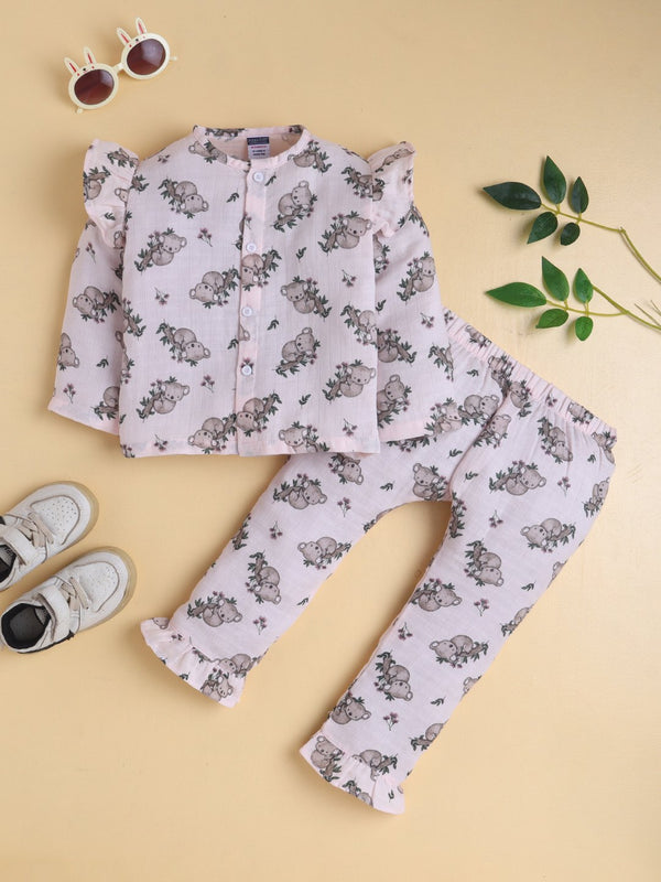 MulMul Sparsh Full Sleeve Koala Print Muslin Jabla & Frill Pant Set – Light Pink