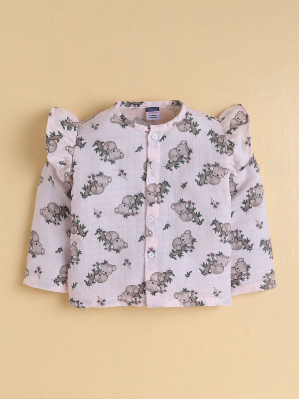 MulMul Sparsh Full Sleeve Koala Print Muslin Jabla & Frill Pant Set – Light Pink