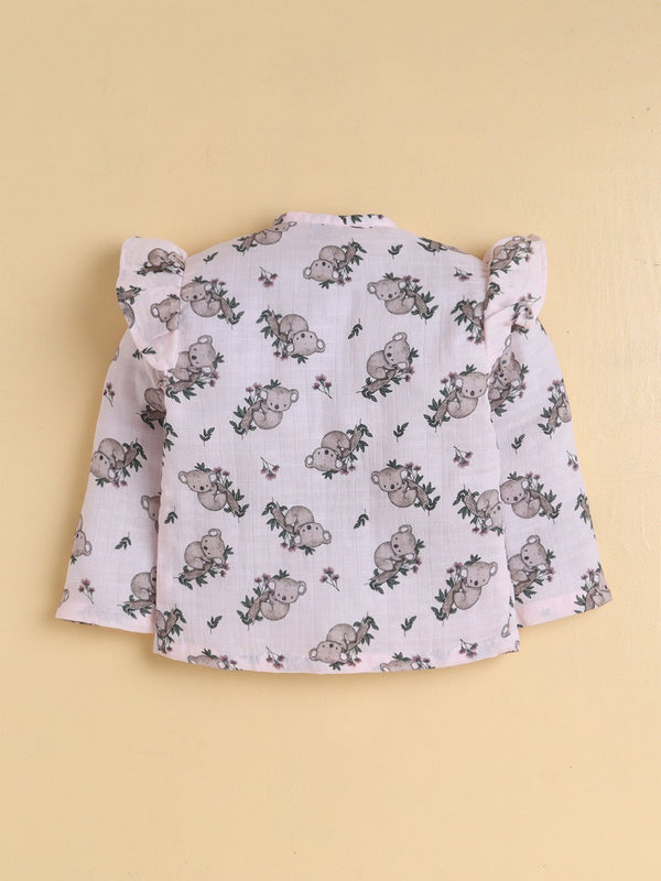 MulMul Sparsh Full Sleeve Koala Print Muslin Jabla & Frill Pant Set – Light Pink