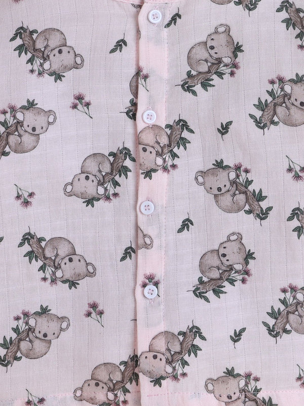 MulMul Sparsh Full Sleeve Koala Print Muslin Jabla & Frill Pant Set – Light Pink