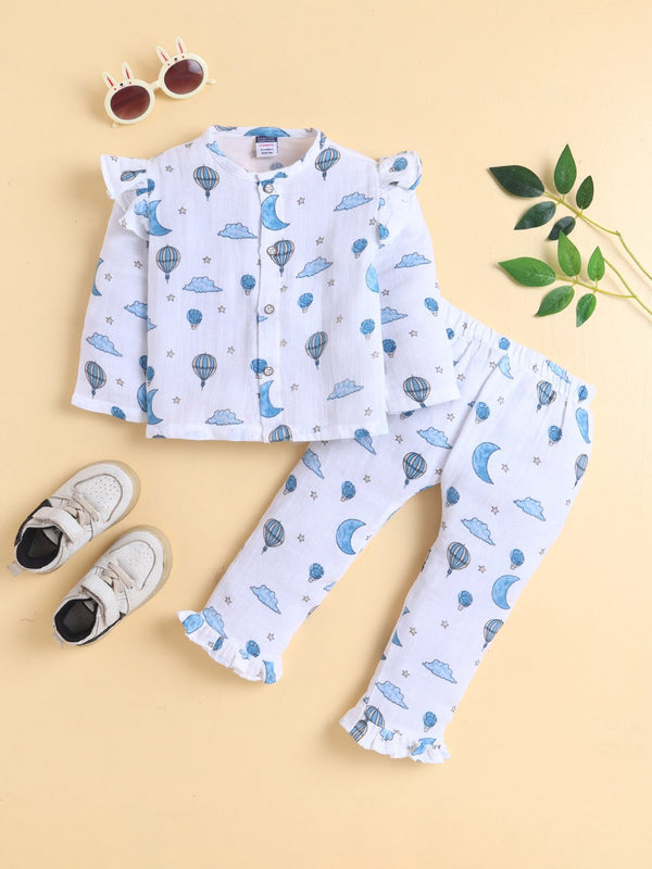MulMul Sparsh Full Sleeve Whimsical Sky Theme Muslin Jabla & Frill Pant Set – White