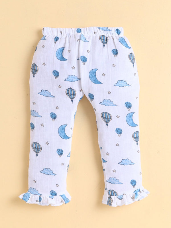 MulMul Sparsh Full Sleeve Whimsical Sky Theme Muslin Jabla & Frill Pant Set – White