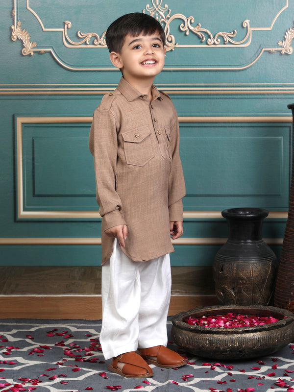 Polka Tots Full Sleeves Pathani Set - Beige