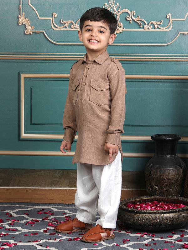 Polka Tots Full Sleeves Pathani Set - Beige