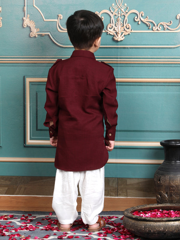 Polka Tots Full Sleeves Pathani Set - Maroon