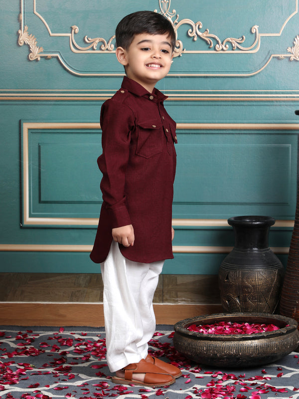 Polka Tots Full Sleeves Pathani Set - Maroon