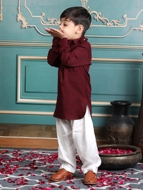 Polka Tots Full Sleeves Pathani Set - Maroon