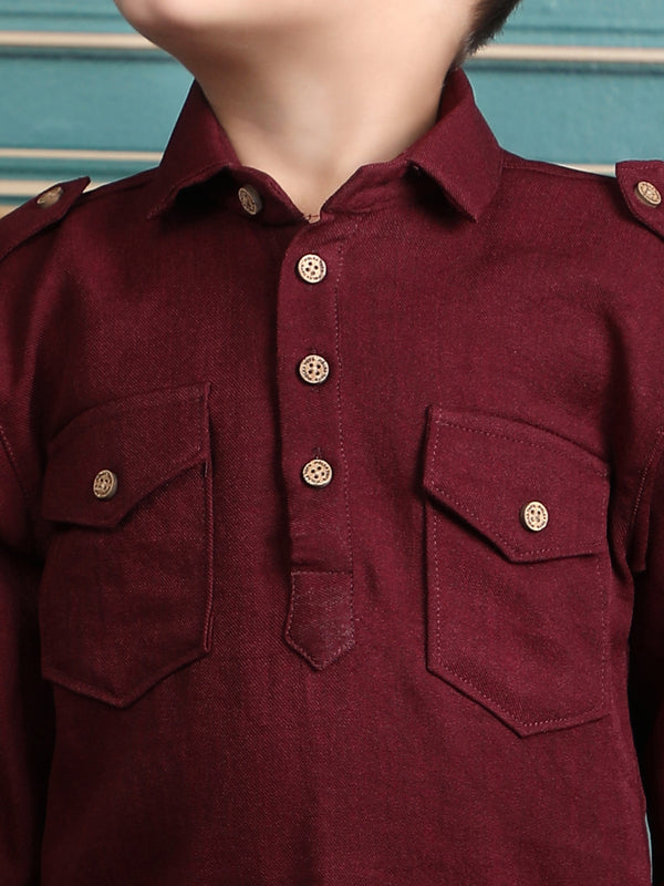 Polka Tots Full Sleeves Pathani Set - Maroon