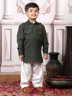 Polka Tots Full Sleeves Pathani Set - Green
