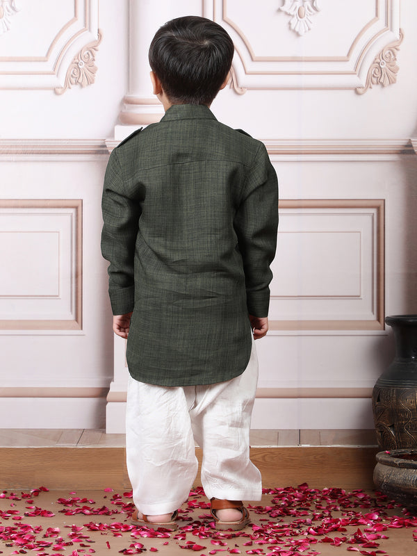 Polka Tots Full Sleeves Pathani Set - Green