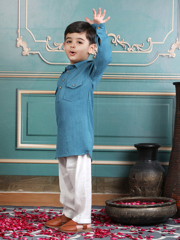 Polka Tots Full Sleeves Pathani Set - Turquoise