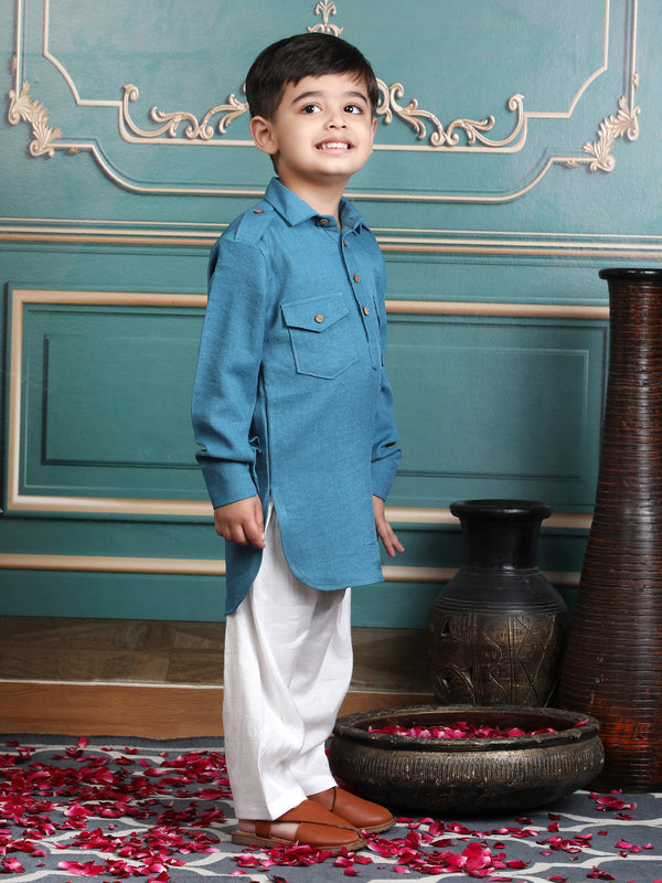 Polka Tots Full Sleeves Pathani Set - Turquoise