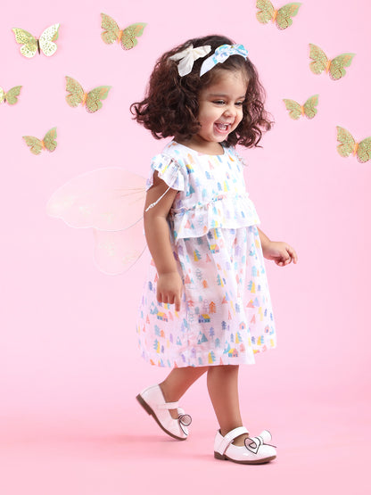 Polka Tots Sleeveless Tiny Town print frock with headband - Multicolor