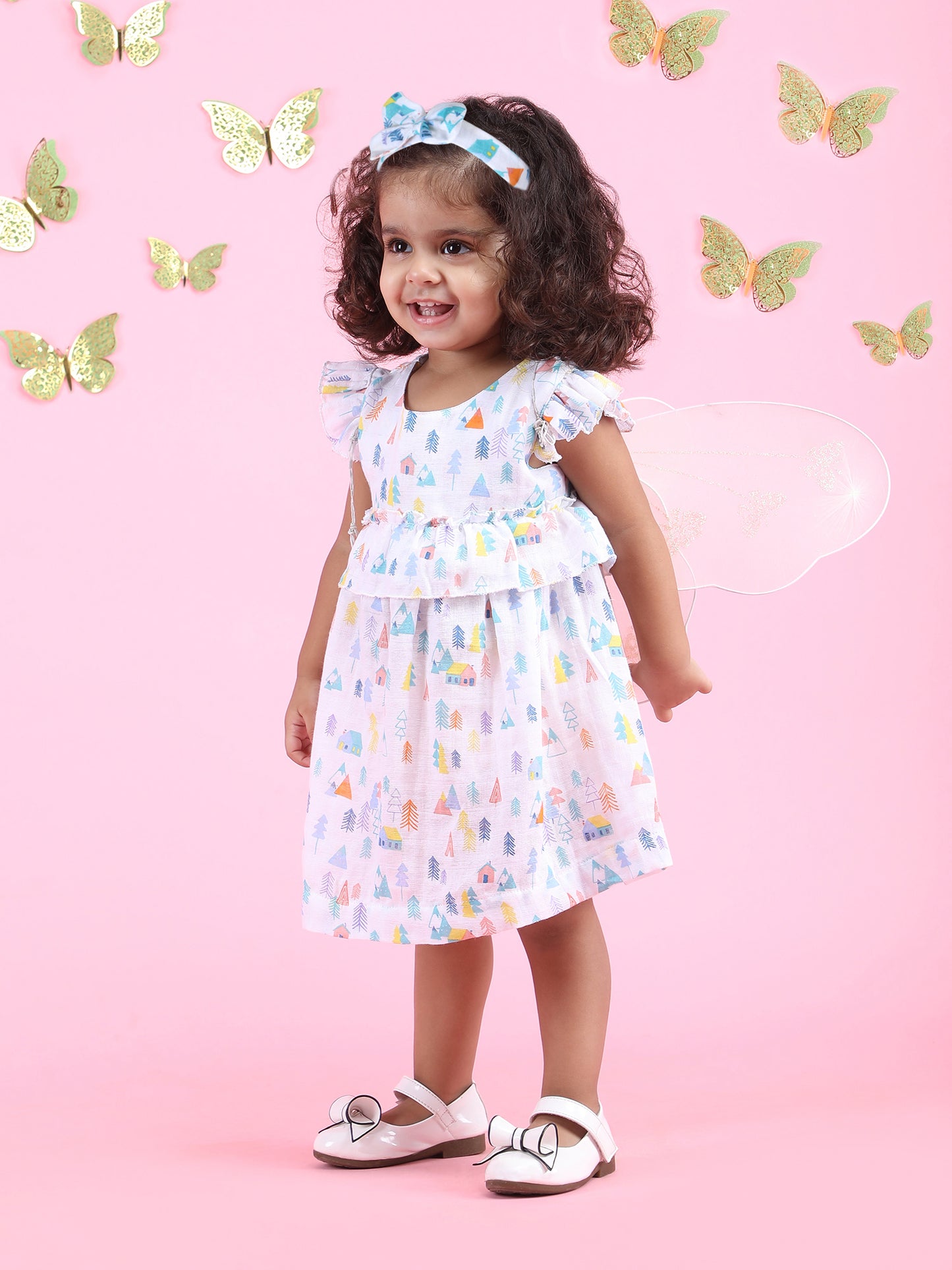 Polka Tots Sleeveless Tiny Town print frock with headband - Multicolor