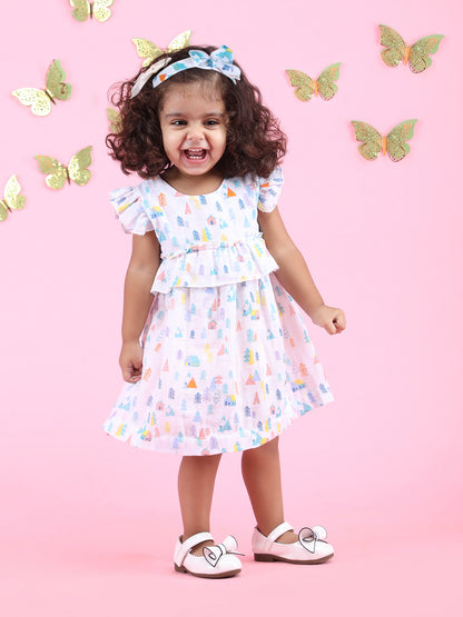 Polka Tots Sleeveless Tiny Town print frock with headband - Multicolor