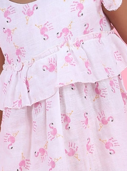 Polka Tots Sleeveless Flamingo Fingers print frock with headband - Multicolor