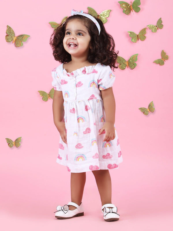 Polka Tots Halfsleeves Rainbow Mist print frock with headband - Multicolor
