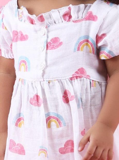 Polka Tots Halfsleeves Rainbow Mist print frock with headband - Multicolor