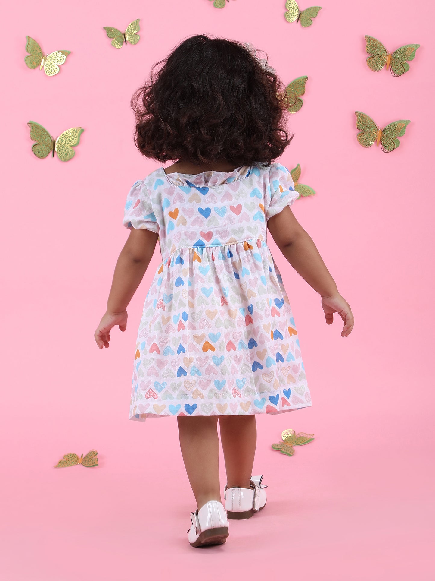 Polka Tots Halfsleeves Mini Hearts print frock with headband - Multicolor