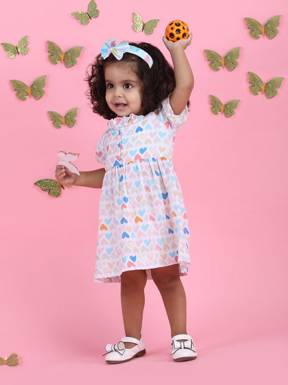 Polka Tots Halfsleeves Mini Hearts print frock with headband - Multicolor