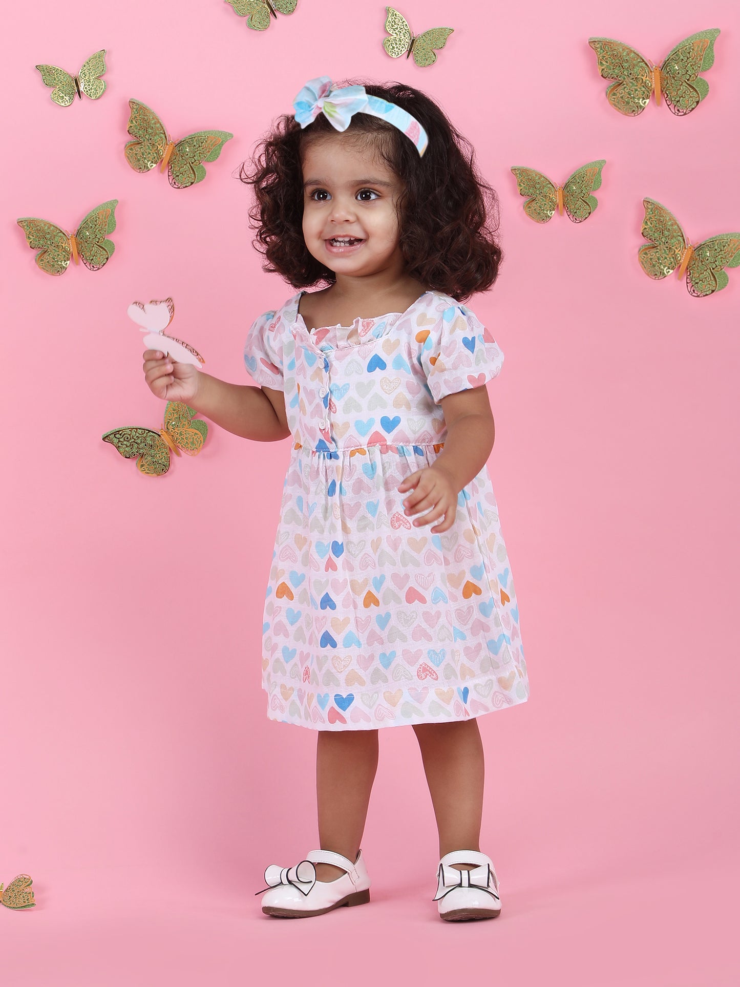 Polka Tots Halfsleeves Mini Hearts print frock with headband - Multicolor