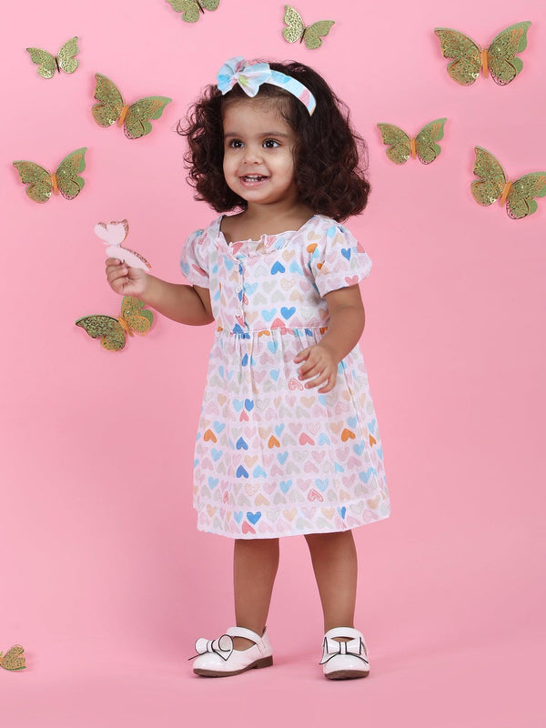 Polka Tots Halfsleeves Mini Hearts print frock with headband - Multicolor