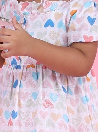 Polka Tots Halfsleeves Mini Hearts print frock with headband - Multicolor