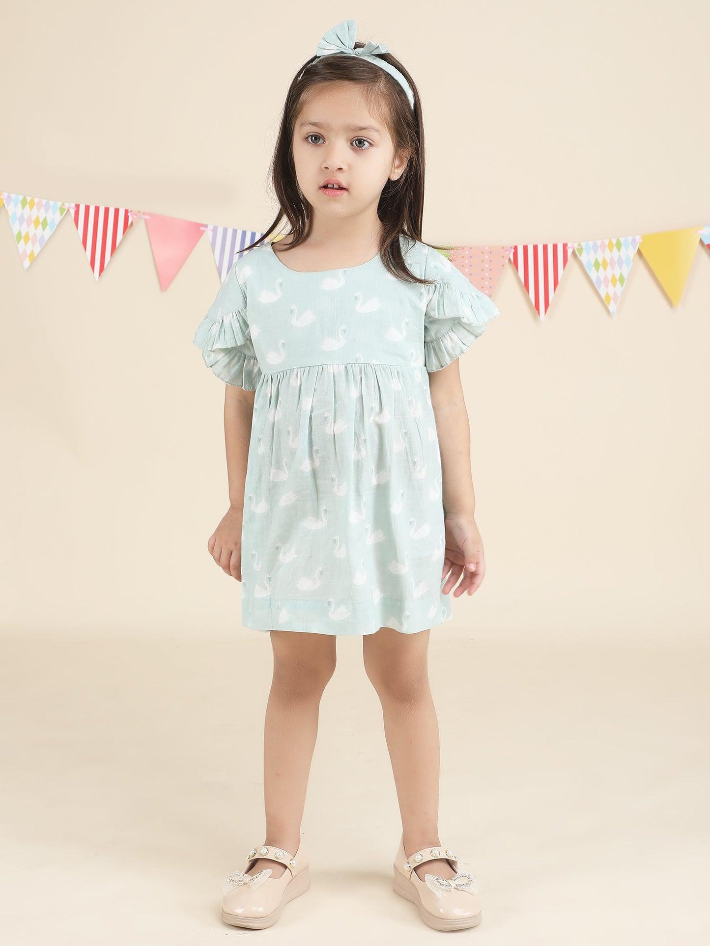 Polka Tots Halfsleeves Swan print frock with headband - Green