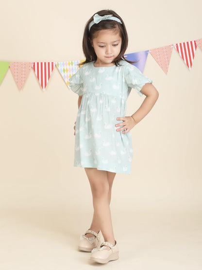 Polka Tots Halfsleeves Swan print frock with headband - Green