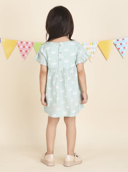 Polka Tots Halfsleeves Swan print frock with headband - Green