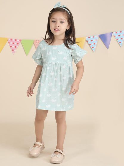 Polka Tots Halfsleeves Swan print frock with headband - Green