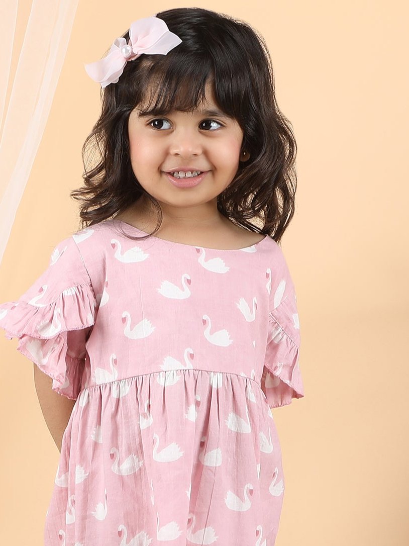 Polka Tots Halfsleeves Swan print frock with headband - Pink