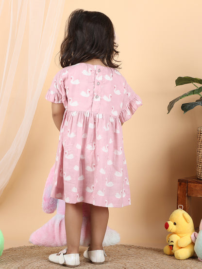 Polka Tots Halfsleeves Swan print frock with headband - Pink