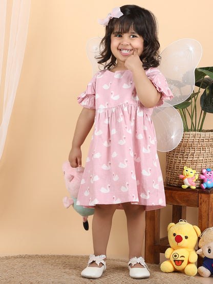 Polka Tots Halfsleeves Swan print frock with headband - Pink