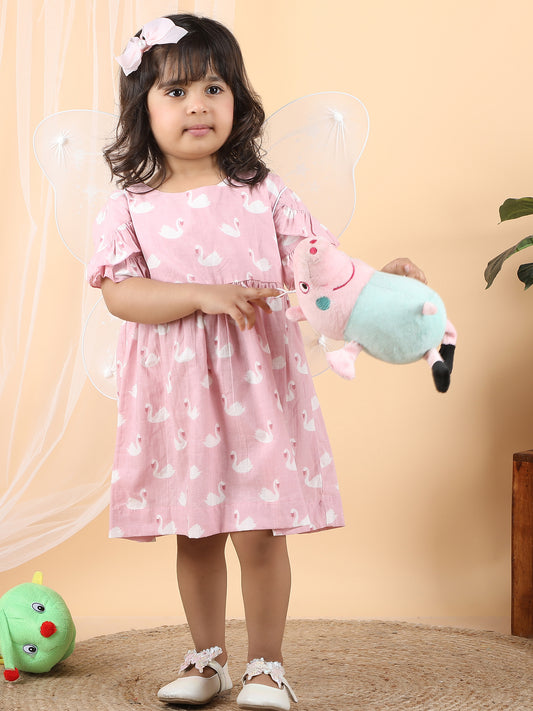 Polka Tots Halfsleeves Swan print frock with headband - Pink