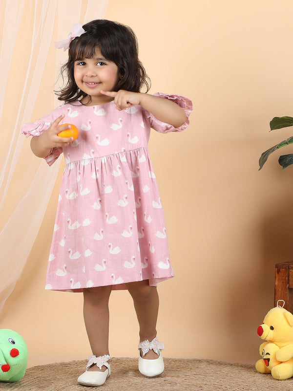 Polka Tots Halfsleeves Swan print frock with headband - Pink