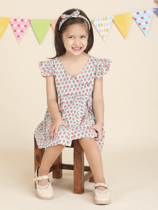 Polka Tots Sleeveless Lotus print frock with headband - Green