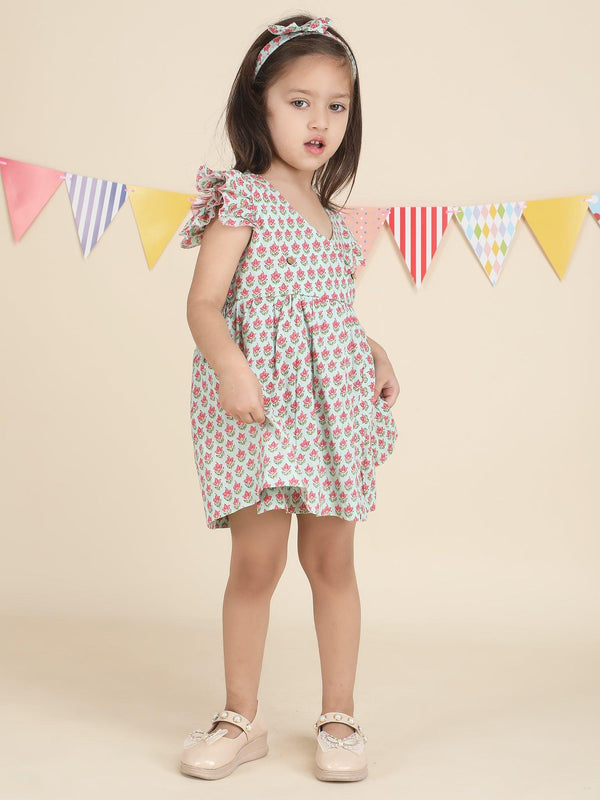 Polka Tots Sleeveless Lotus print frock with headband - Green