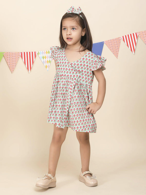 Polka Tots Sleeveless Lotus print frock with headband - Green