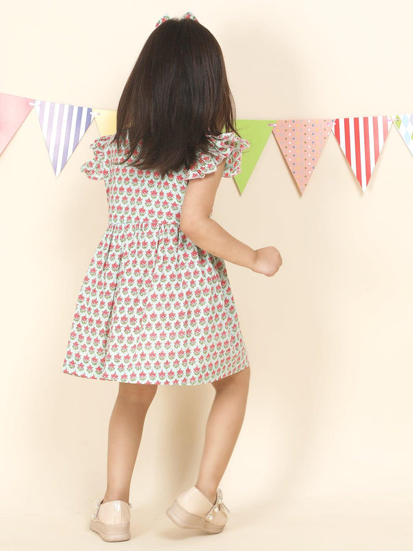 Polka Tots Sleeveless Lotus print frock with headband - Green