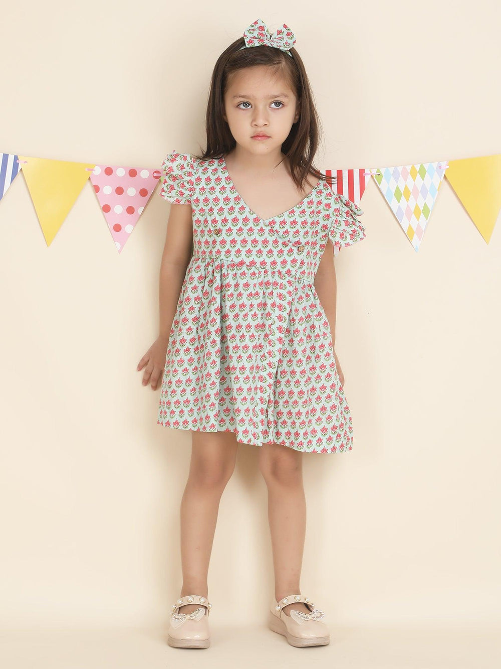 Polka Tots Sleeveless Lotus print frock with headband - Green