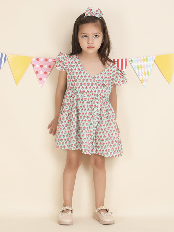 Polka Tots Sleeveless Lotus print frock with headband - Green
