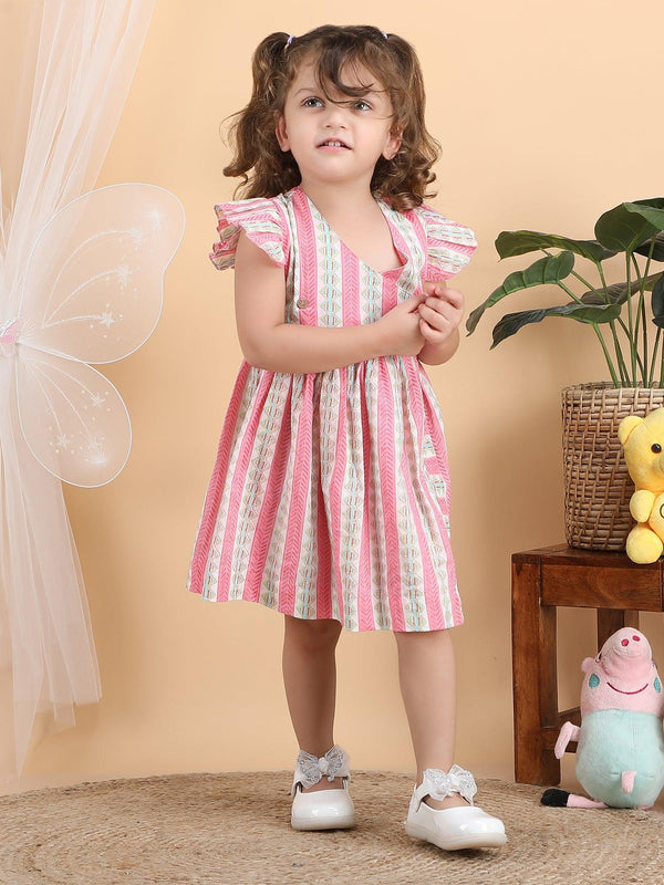 Polka Tots Sleeveless Geometric print frock with headband - Pink