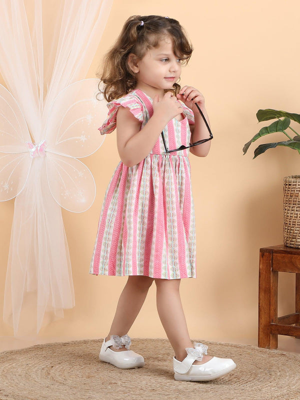 Polka Tots Sleeveless Geometric print frock with headband - Pink