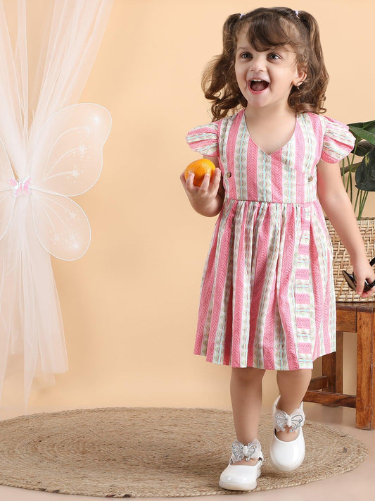 Polka Tots Sleeveless Geometric print frock with headband - Pink