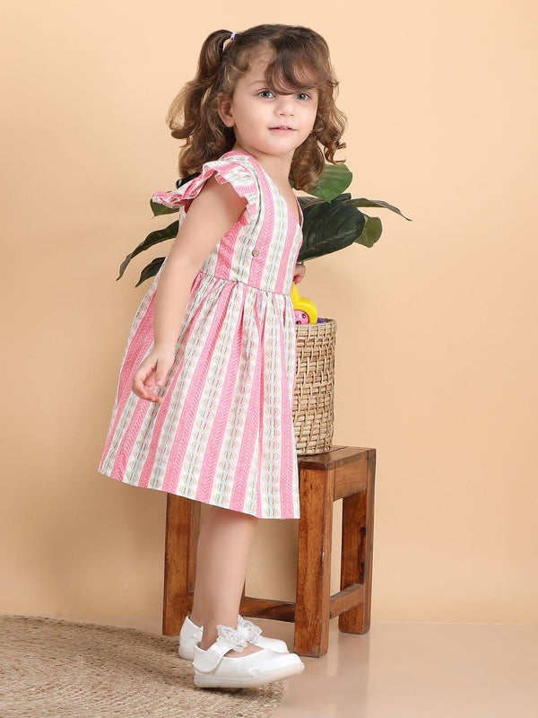 Polka Tots Sleeveless Geometric print frock with headband - Pink