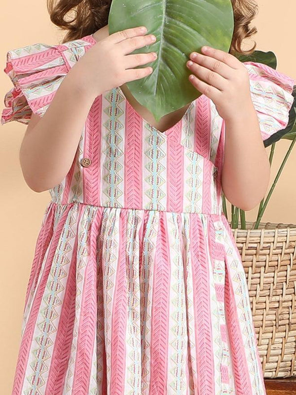 Polka Tots Sleeveless Geometric print frock with headband - Pink