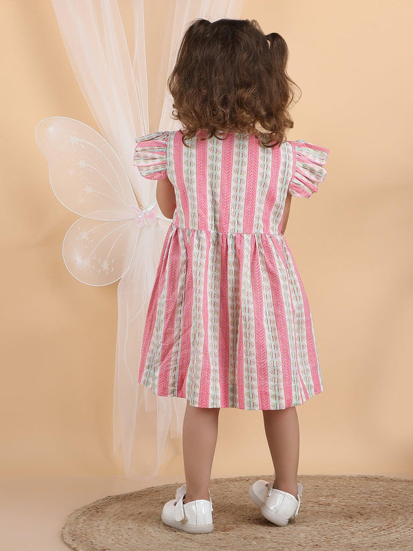 Polka Tots Sleeveless Geometric print frock with headband - Pink